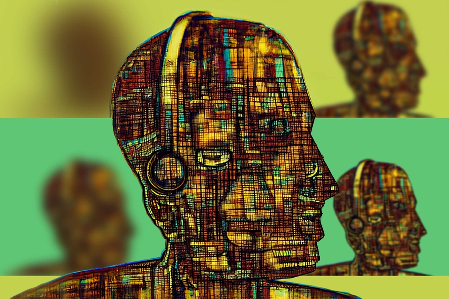 At center, an abstract illustration of man's head with multiple faces, in a style resembling amstained glass mosaic. In the image's four corners are increasingly blurry versions of the head.