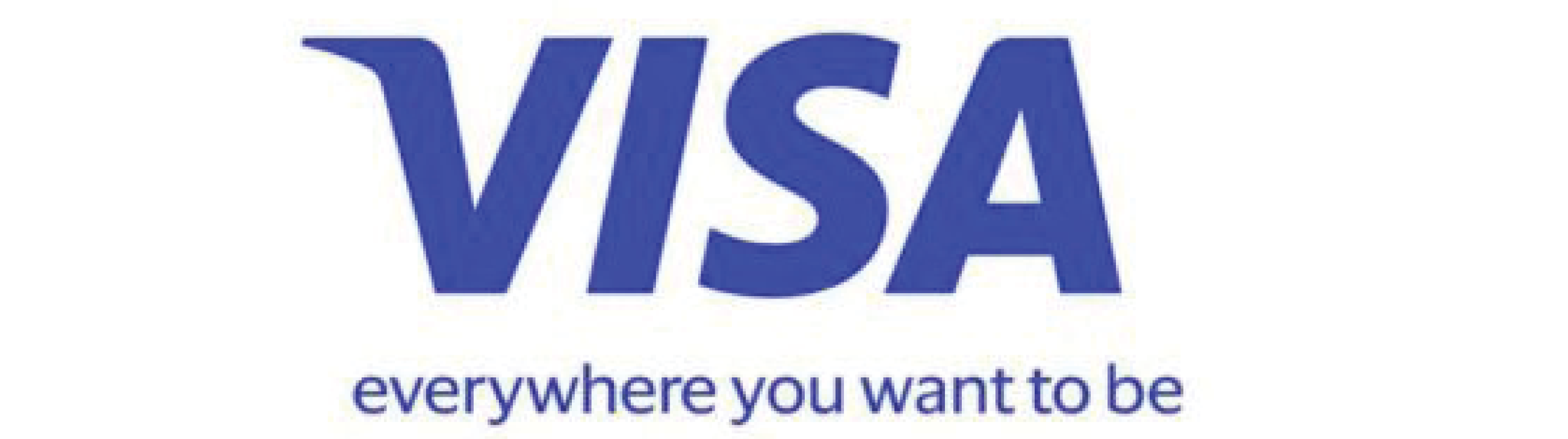 Visa logo in blue font with tagline "everywhere you want to be"